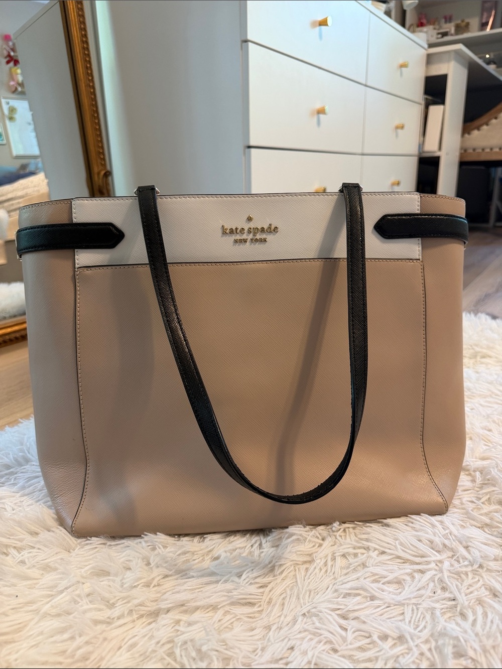 kate spade Beige, White & Black Leather Tote